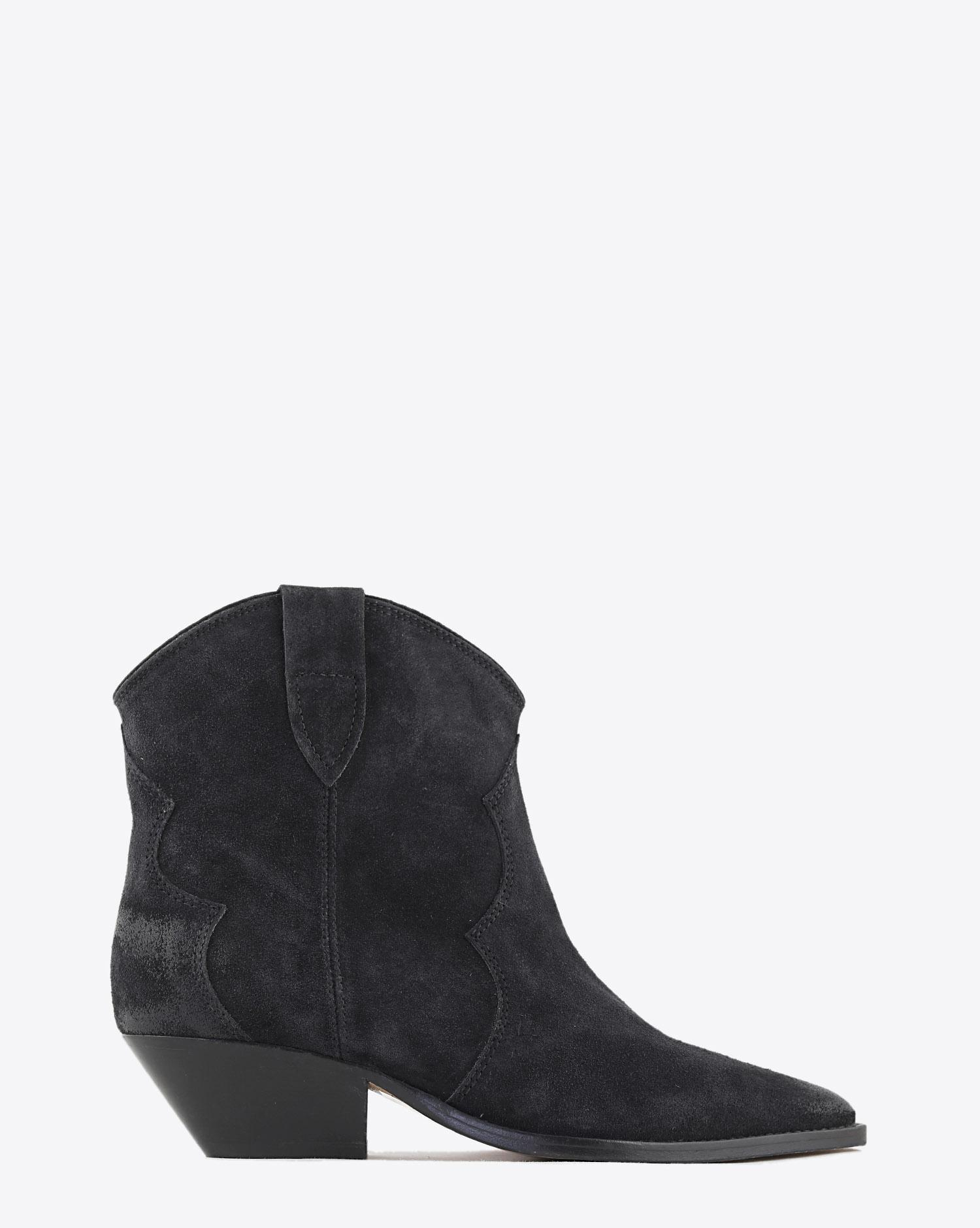 Boots santiags en cuir suédé noir délavé Dewina Isabel Marant. Profil.