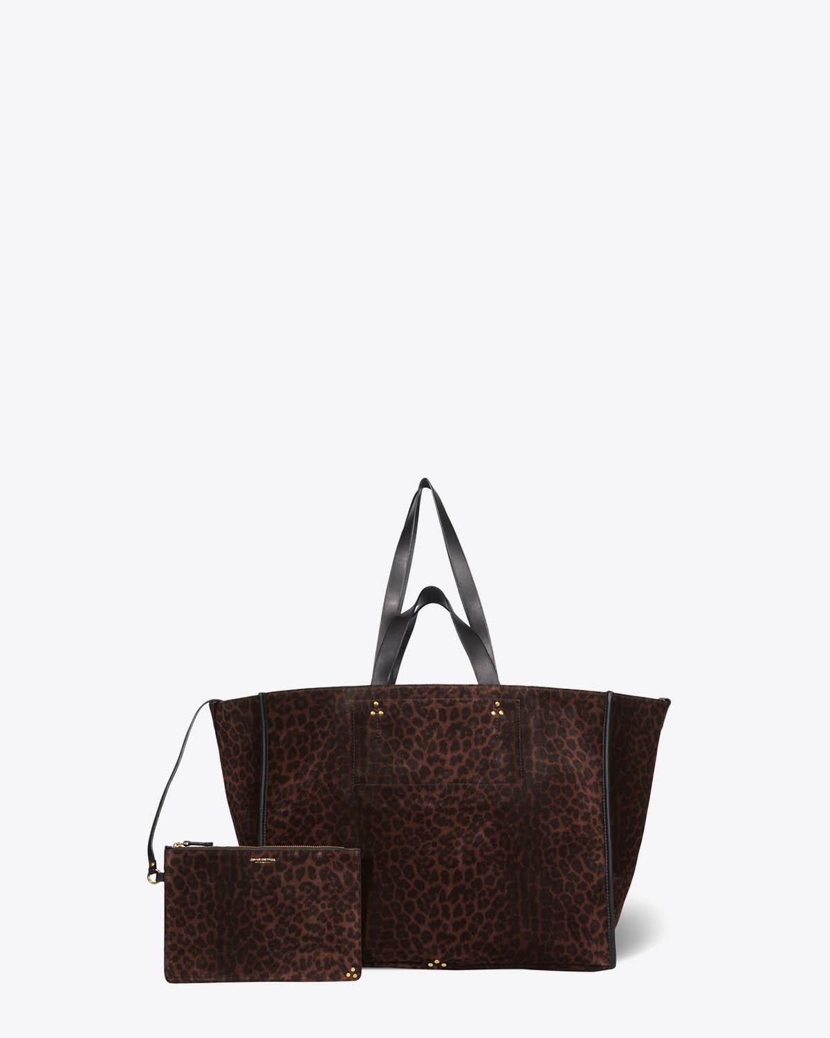 Grand cabas en cuir imprimé léopard naturel Léon Large Jérôme Dreyfuss. Vue Face.