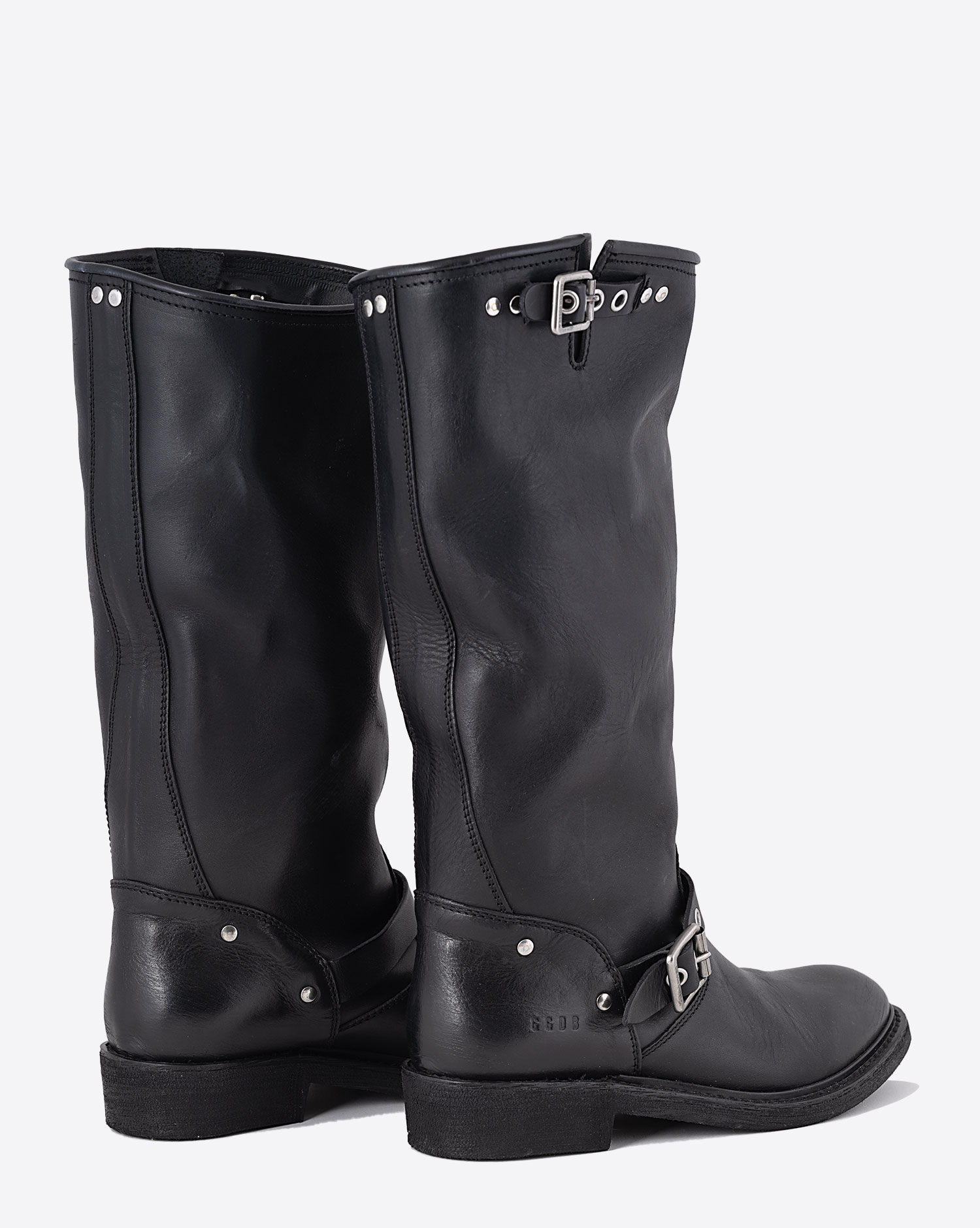 Bottes de biker en cuir noir sangles oeillets métal argenté Golden Goose. Dos.