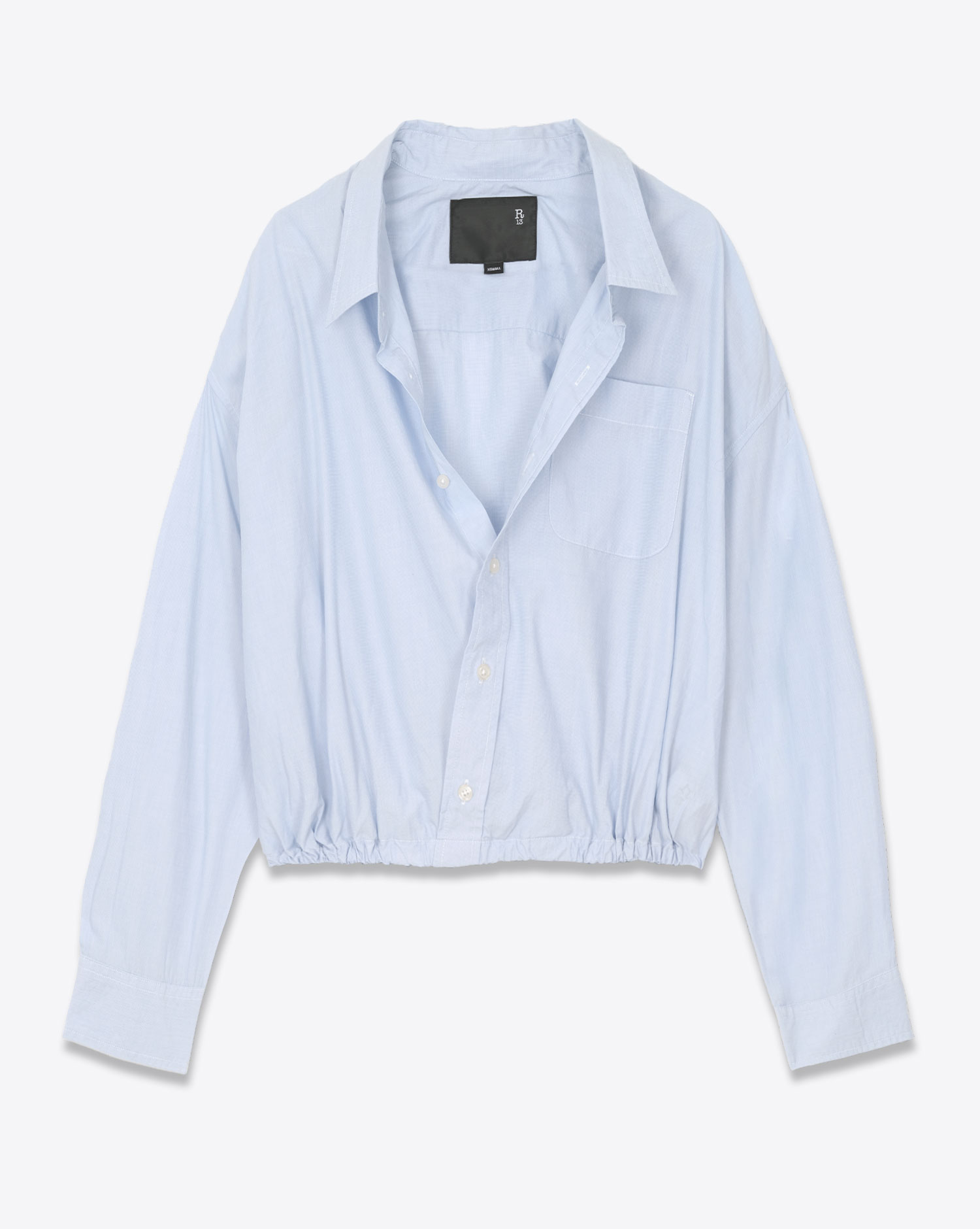 Chemise en popeline de coton bleu ciel blousante Crossover Bubble R13. Face. 