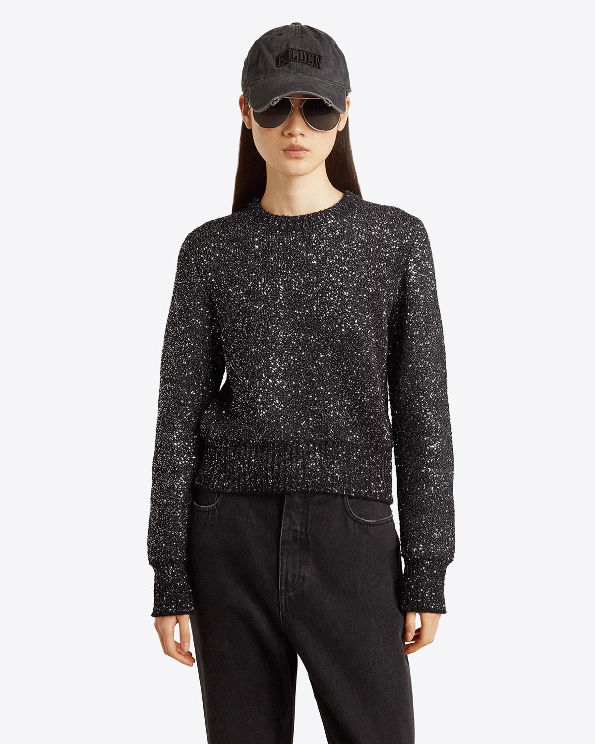 Pull col rond à sequins Golden Goose. Porté de face. 