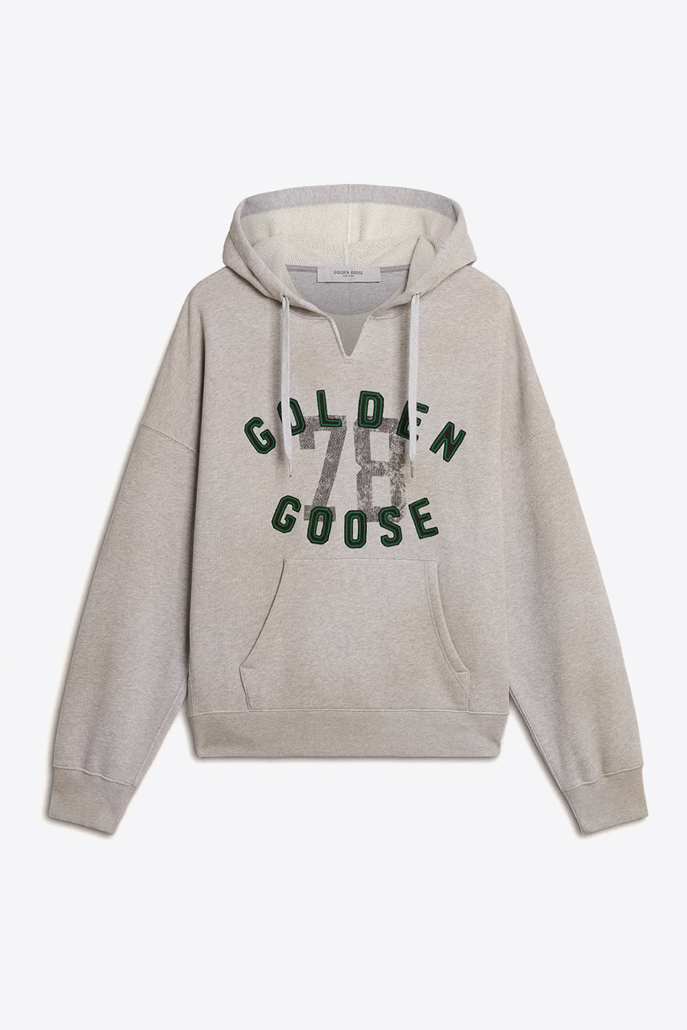 Sweat-shirt à capuche gris clair chiné poche Kangourou et logo "Golden Goose 78" devant Golden Goose. Face. 