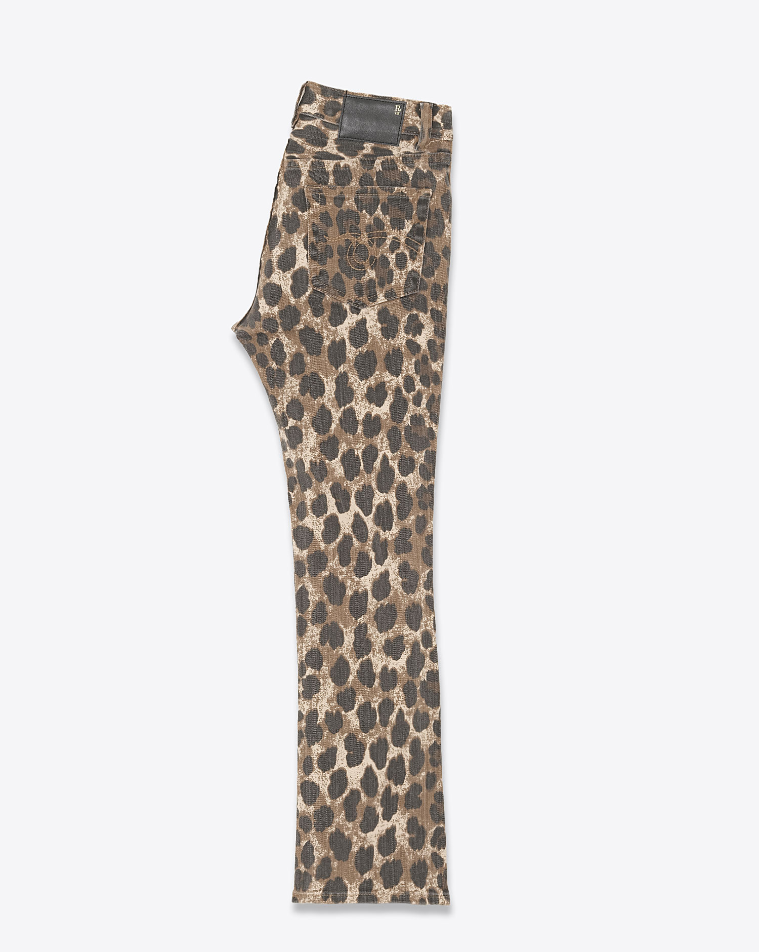 Jean Kick Fit R13 en coton imprimé léopard. Vue face. Vue profil. 