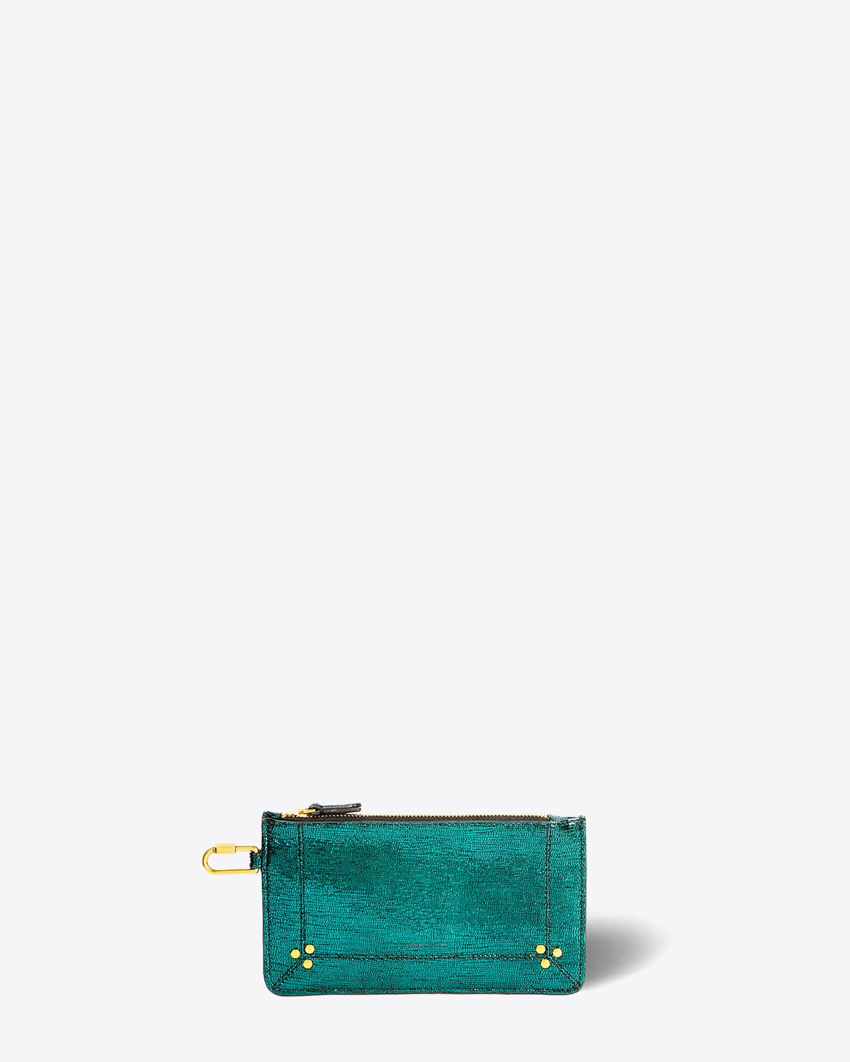 Petite pochette Popoche S Jérôme Dreyfuss en cuir lamé vert. Vue face. 
