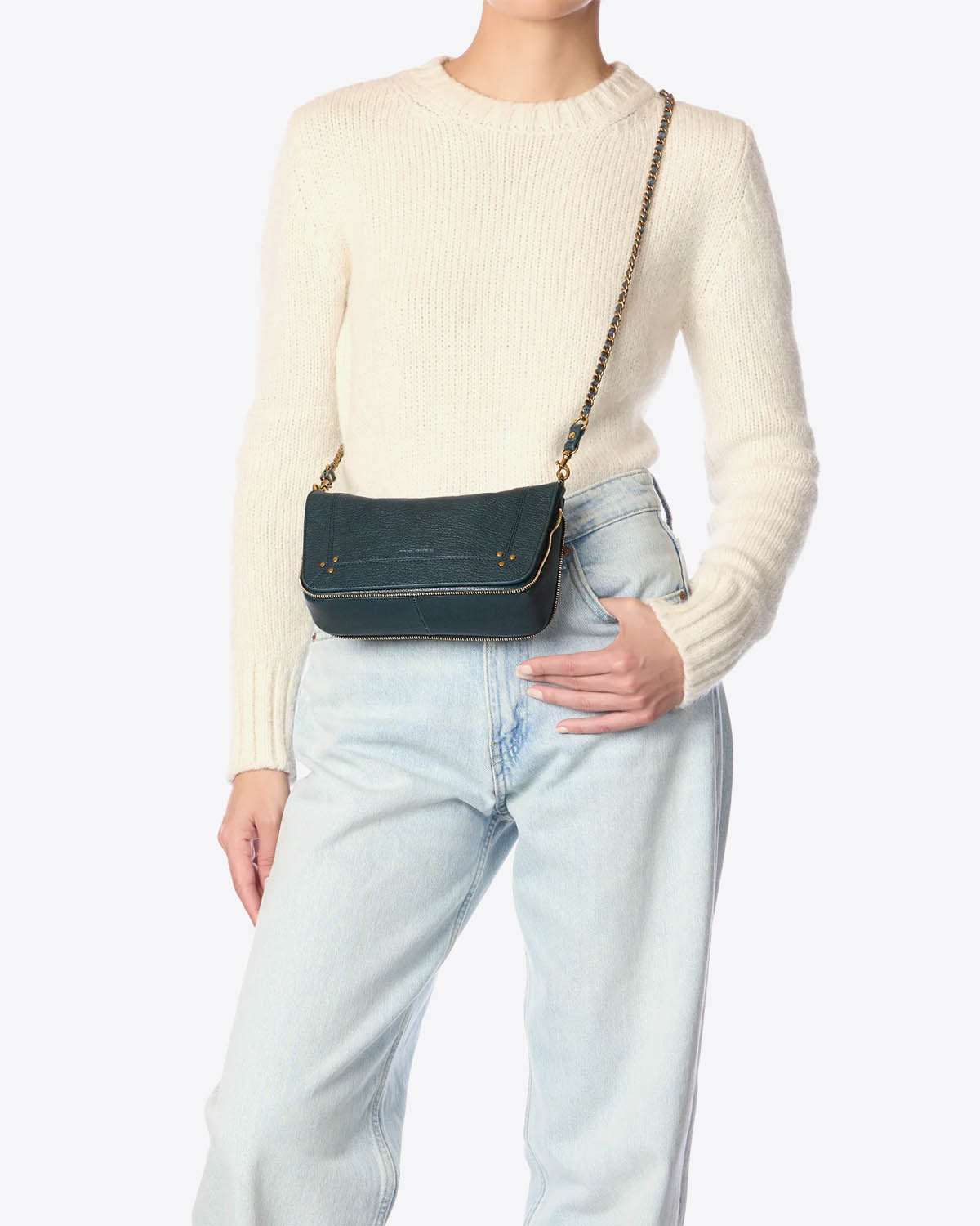 Mini-sac bandoulière chaine  en cuir coloris Petrol Bobi S Jérôme Dreyfuss. Porté crossbody.