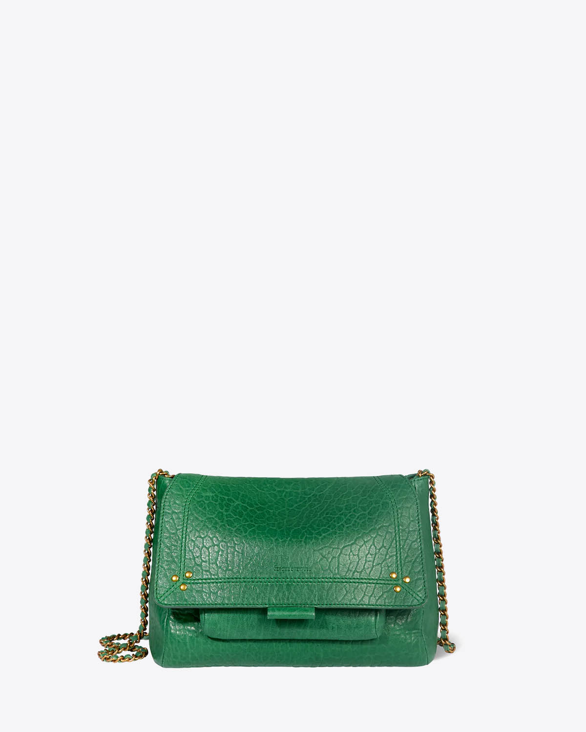 Sac moyen format Jérôme Dreyfuss en cuir vert. Vue face.