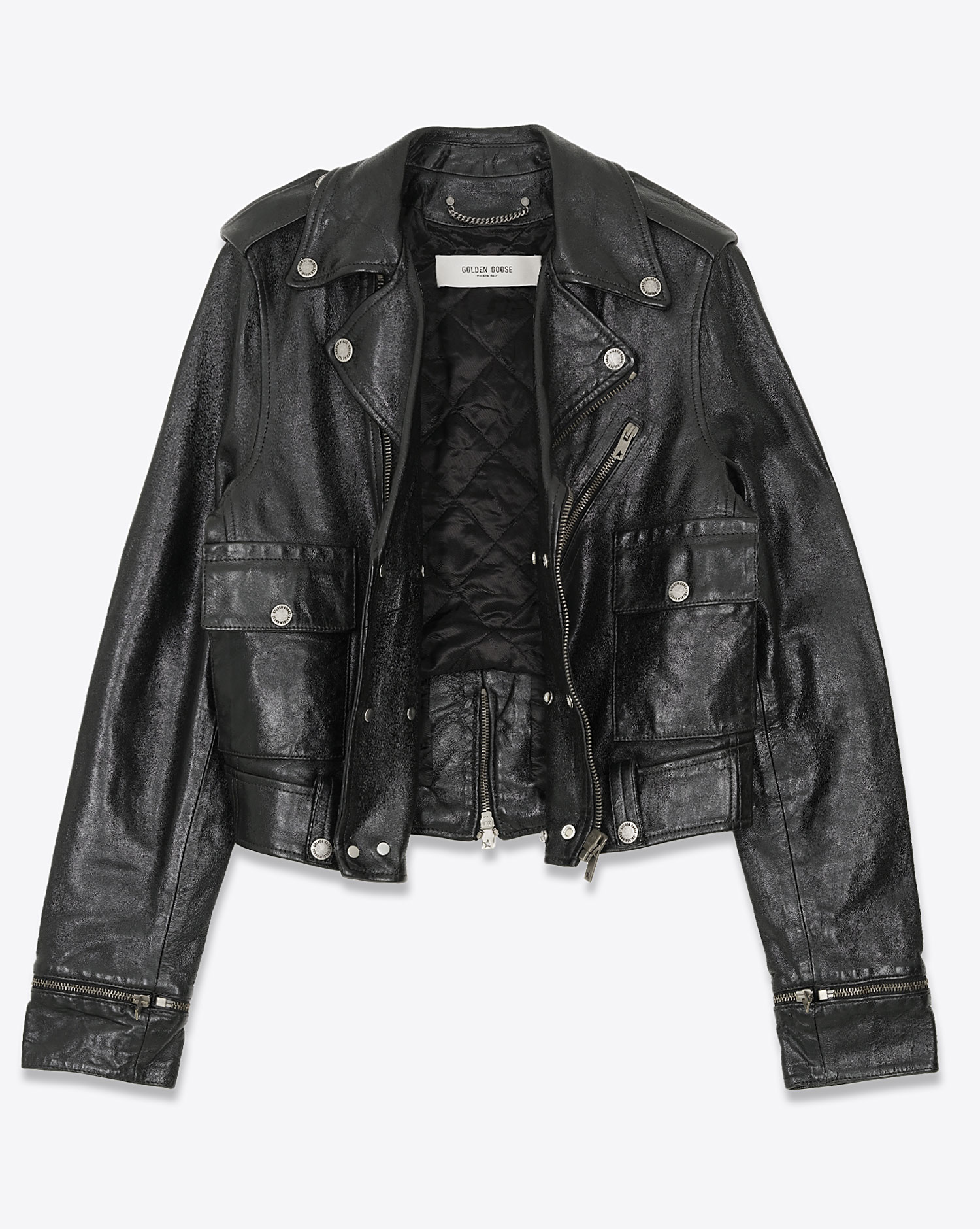 Veste perfecto Nevada Golden Goose en cuir noir. Vue de face ouverte.