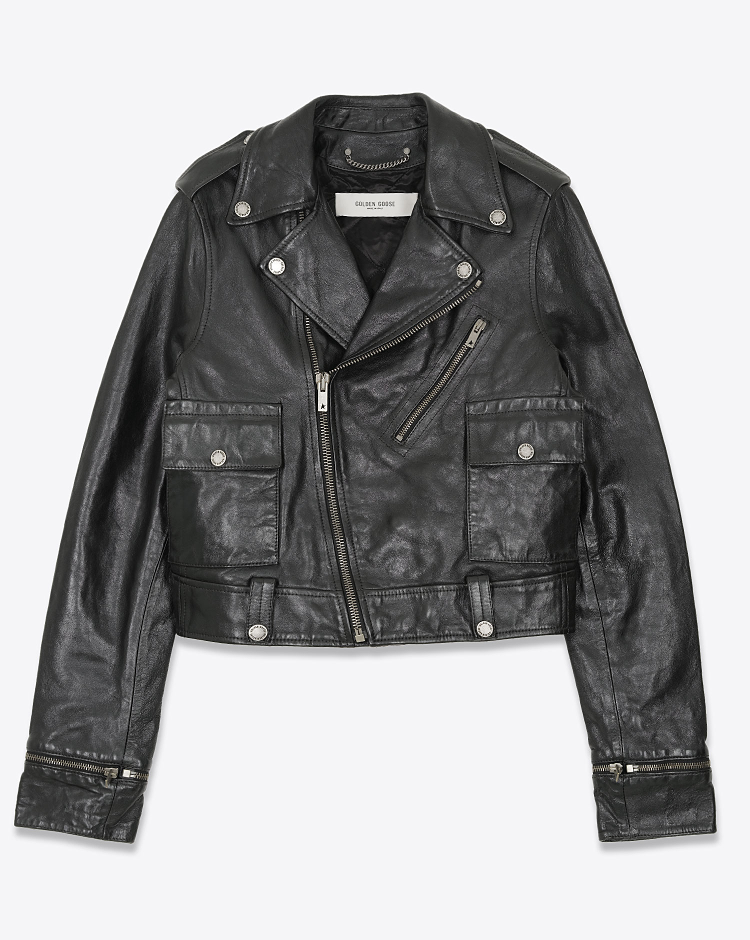 Veste perfecto Nevada Golden Goose en cuir noir. Vue de face. 