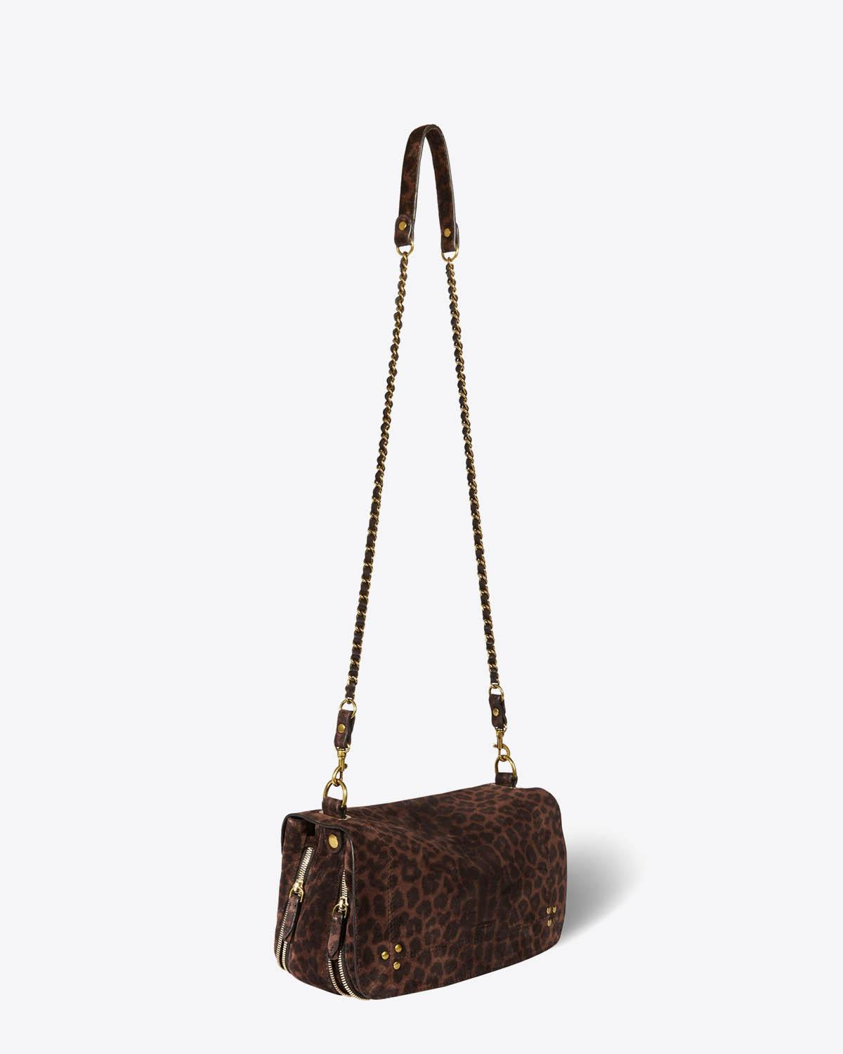 Sac bandoulière chaine en cuir imprimé léopard naturel Bobi Jérôme Dreyfuss. Vue profil.