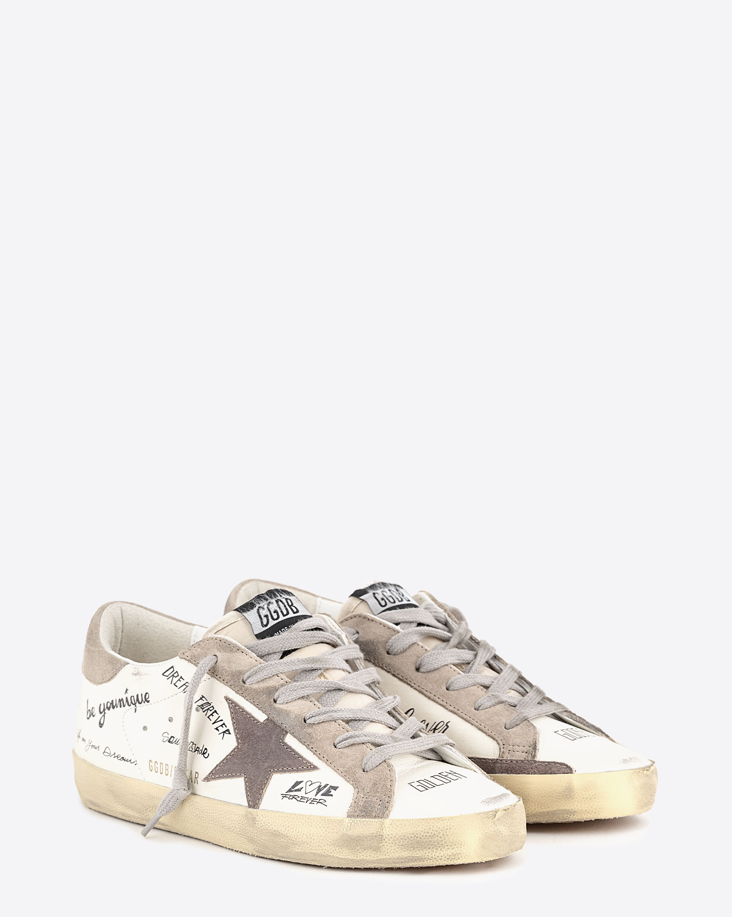 Sneakers Superstar Golden Goose en cuir Blanc Taupe Graphiti. Vue face.