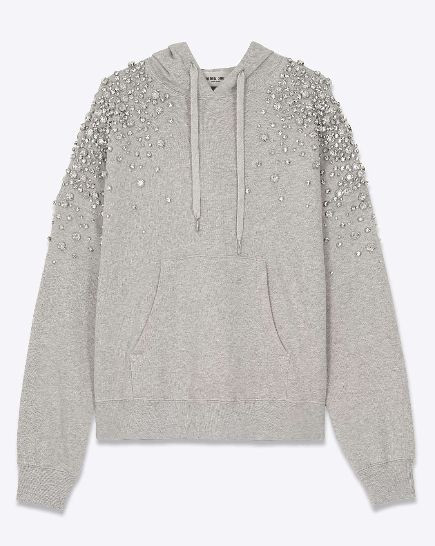 Sweat-shirt à capuche gris clair chiné poche Kangourou entièrement brodé de cristaux sur les épaules et dans le dos Golden Goose. face. 