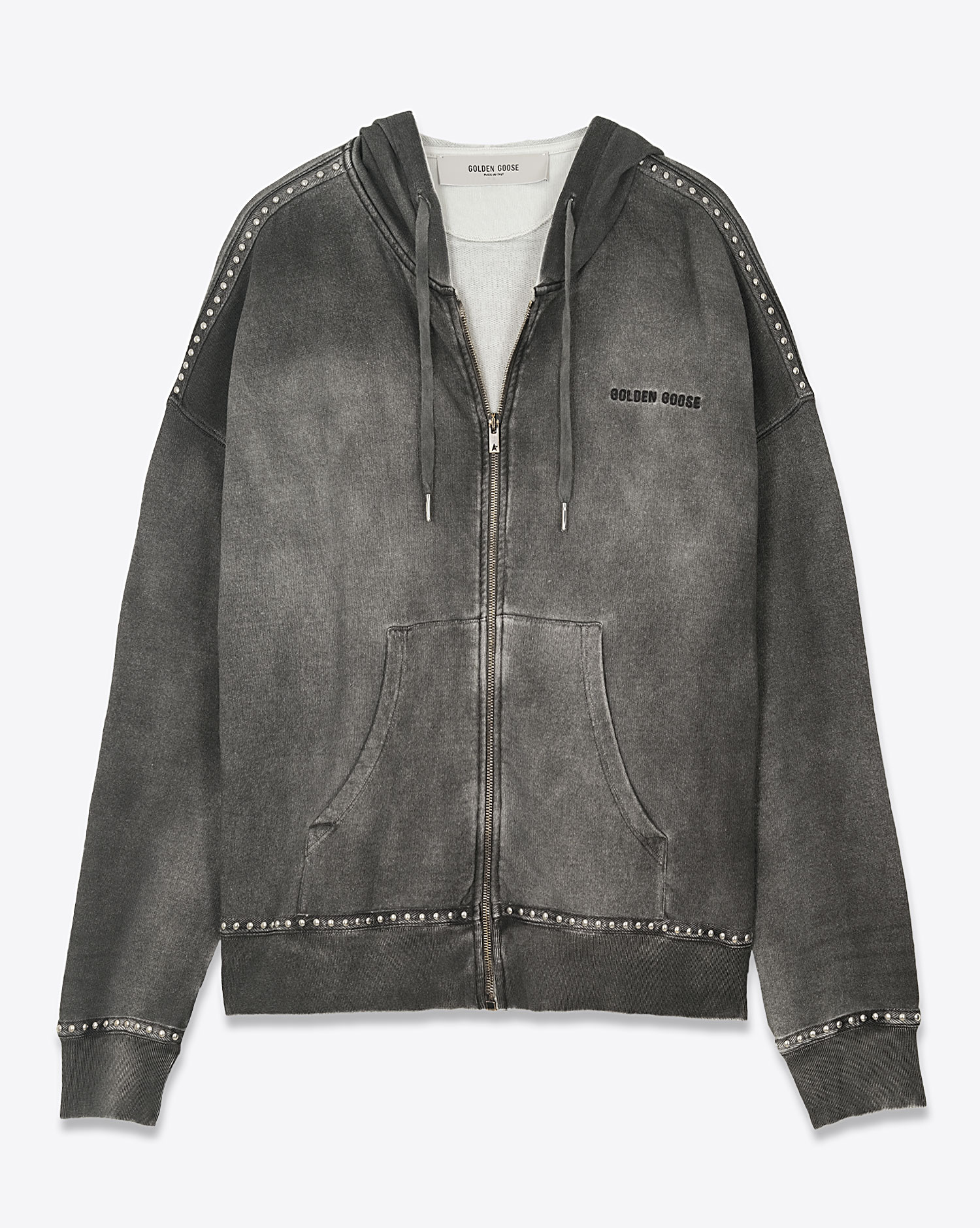 Sweat-shirt à capuche zippé clouté gris délavé Golden Goose. Face.