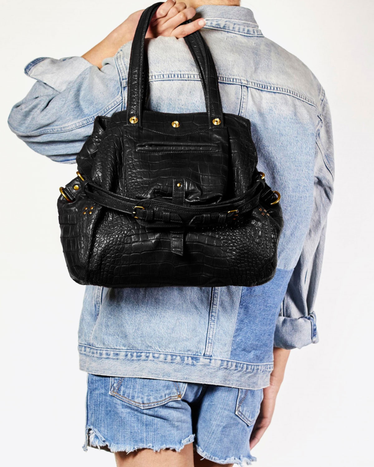 Cabas Billy M vachette croco noir Jérôme Dreyfuss. Porté main.